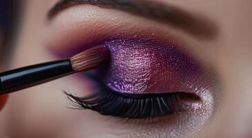 Close Up of a Womans Eye With Purple Shimmer Eyeshadow During Makeup Application photo