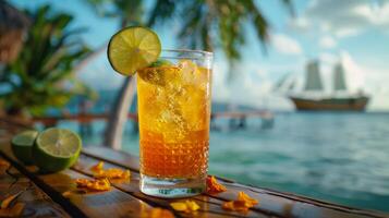 Tropical Cocktail on Beach Table With Palm Tree photo