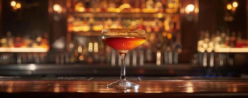 A Single Cocktail With Orange Twist on a Bar Countertop photo