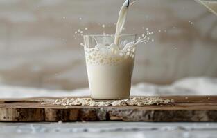 Milk Pouring Into A Glass With Splash on Wooden Cutting Board photo