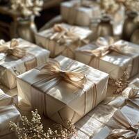 Beautifully Wrapped Beige Gift Boxes With Satin Ribbons on a Linen Tablecloth photo