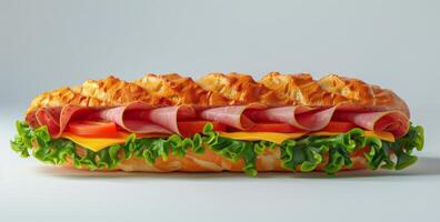 Freshly Made Ham, Tomato, and Cheese Sub Sandwich on White Background photo