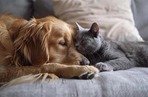 Golden Retriever and Cat High Five on Bed photo