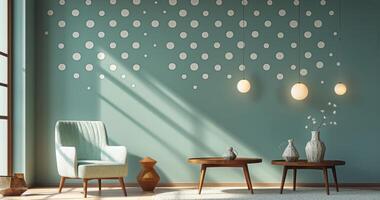 Modern Living Room With Green Walls and White Dot Pattern photo