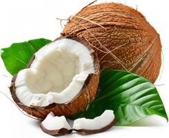 Freshly Opened Coconut With Palm Leaf on White Background photo