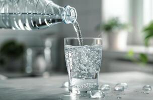 Pouring Sparkling Water Into Glass With Ice Cubes photo