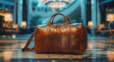 Brown Leather Travel Bag on Tiled Floor in Hotel Lobby photo