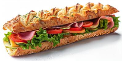 Close Up Of A Ham And Cheese Sandwich On A Crusty Bread Roll photo