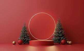 Red Platform With Snowy Pine Trees and Golden Circle photo