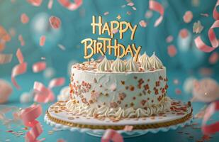 White Birthday Cake With Blue Icing and Gold Confetti photo