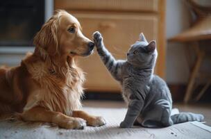 Golden Retriever and Cat High Five on Bed photo