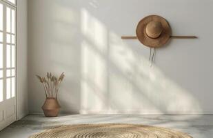 Straw Hat Hanging on White Wall With Dried Grass in a Wicker Vase in a Room With a Jute Rug photo