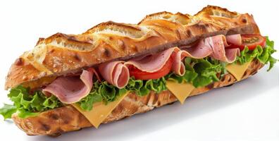Freshly Made Ham and Cheese Sandwich on a Crusty Baguette photo