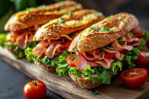 Fresh Turkey and Tomato Sub Sandwiches on a Wooden Cutting Board photo