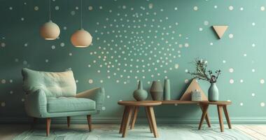 Modern Living Room With Green Walls and White Dot Pattern photo