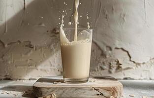 Milk Pouring Into A Glass With Splash on Wooden Cutting Board photo