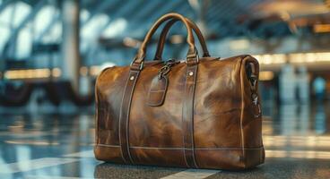 Brown Leather Travel Bag Resting on a Polished Floor in an Airport photo