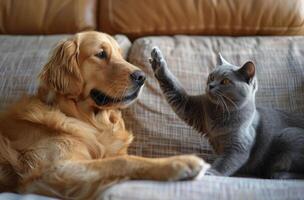 Golden Retriever and Cat High Five on Bed photo