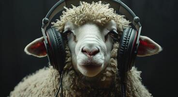A White Sheep Wearing Headphones and Listening to Music photo
