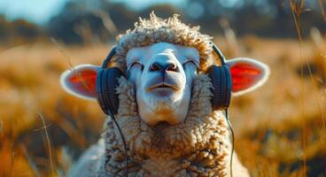 A White Sheep Wearing Headphones and Listening to Music photo