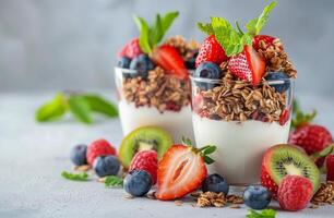 Fresh Fruit and Granola Parfaits With Yogurt and Kiwi Slices photo