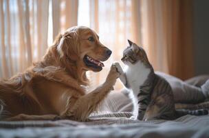 Golden Retriever and Cat High Five on Bed photo