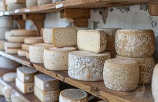 Close Up of Cheese Wheels Stored on Wooden Shelves in a Dairy Shop photo