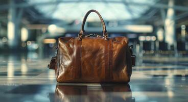 Brown Leather Travel Bag Resting on a Polished Floor in an Airport photo