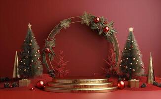 Festive Christmas Scene With Gold Podium and Decorated Trees photo