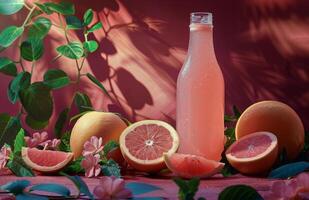 Pink Grapefruit and Refreshing Beverage in Warm Sunlight photo
