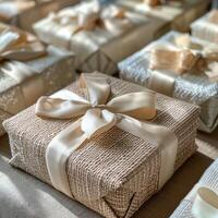 Beautifully Wrapped Beige Gift Boxes With Satin Ribbons on a Linen Tablecloth photo