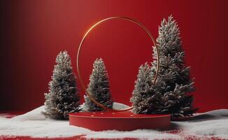 Red Platform With Snowy Pine Trees and Golden Circle photo