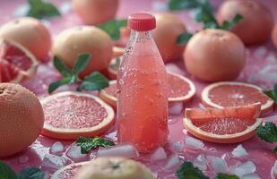 Fresh Grapefruit Juice Bottle With Halved Grapefruit and Mint Leaves on Pink Background photo