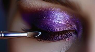 Close Up of a Womans Eye With Purple Shimmer Eyeshadow During Makeup Application photo