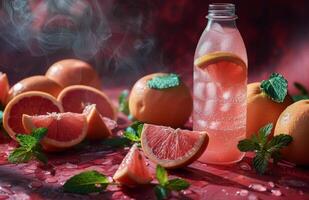 Pink Grapefruit and Refreshing Beverage in Warm Sunlight photo