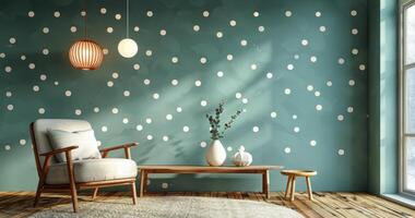 Modern Living Room With Green Walls and White Dot Pattern photo