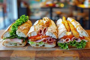 Three Ham And Cheese Baguettes On A Wooden Surface With Sunlight photo