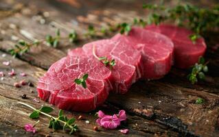 Raw Beef Steaks on Wooden Cutting Board With Thyme photo