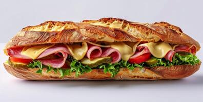 Close Up Of A Ham And Cheese Sandwich On A Crusty Bread Roll photo