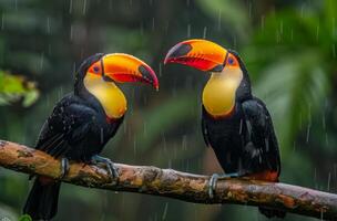 Two Colorful Toucans Perched on Branch in Rainforest photo