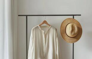 White Linen Shirt and Straw Hat Hanging on Black Clothes Rack in a Room With White Curtains photo