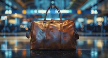 Brown Leather Travel Bag Resting on a Polished Floor in an Airport photo