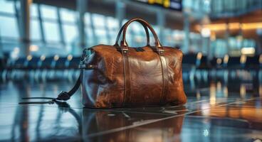 Brown Leather Travel Bag Resting on a Polished Floor in an Airport photo