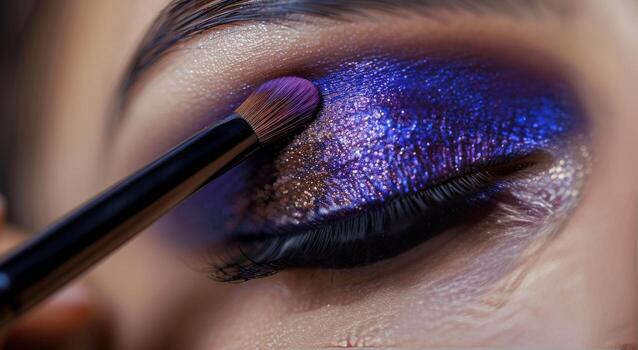 Close Up of a Womans Eye With Purple Shimmer Eyeshadow During Makeup Application photo