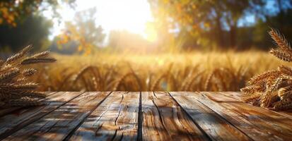 Golden Wheat Field at Sunset With Wooden Plank photo