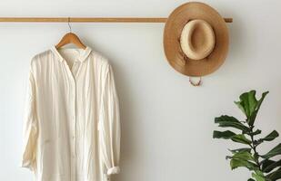 White Linen Shirt and Straw Hat Hanging on Black Clothes Rack in a Room With White Curtains photo