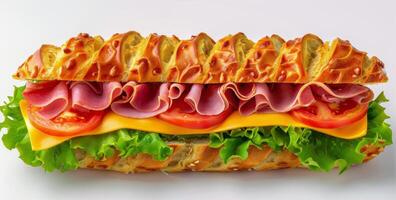 Freshly Made Ham, Tomato, and Cheese Sub Sandwich on White Background photo