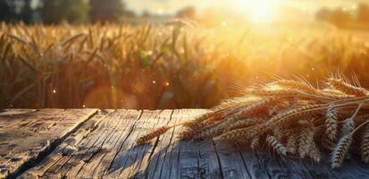 Golden Wheat Field at Sunset With Wooden Plank photo