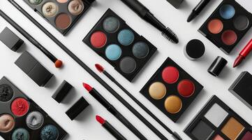 Assortment of Black Compact Makeup Products Arranged on a White Surface photo