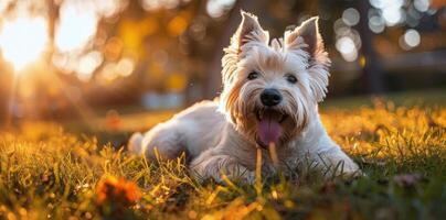 Happy White West Highland Terrier Dog Lying in Grass During Sunset photo